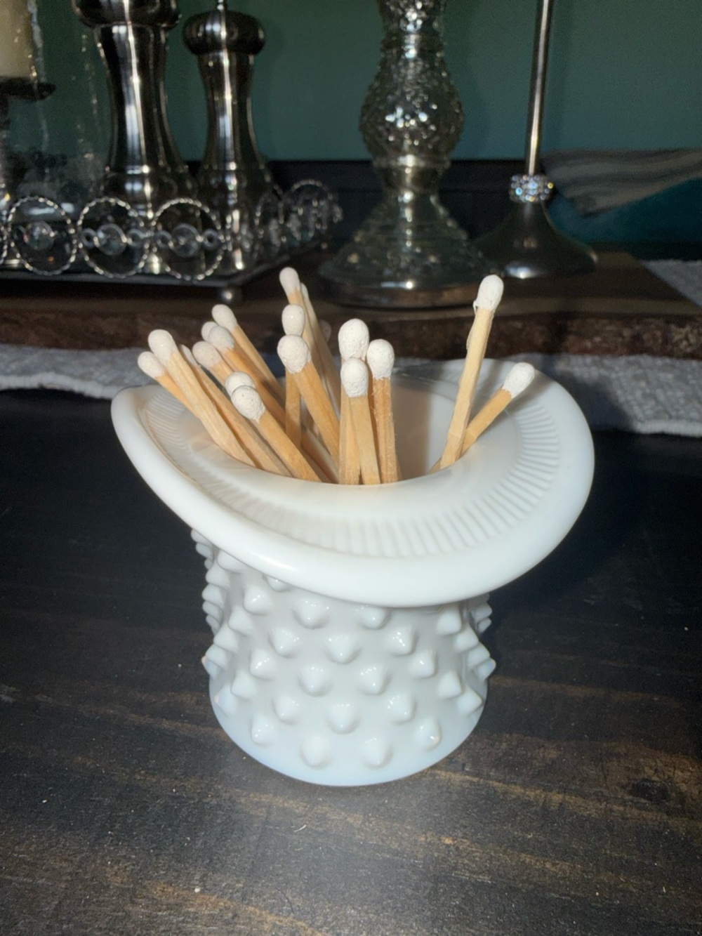 Vintage 50s White Hobnail Milk Glass Top Hat Toothpick or Match Holder
